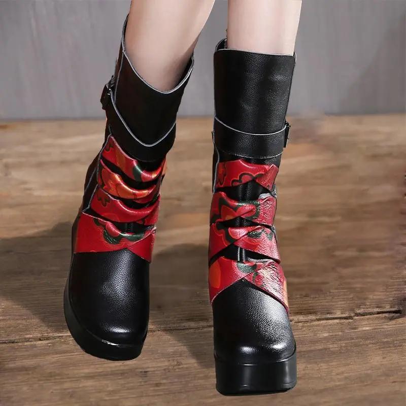 Fashion GKTINOO New Fashion Genuine Leather Women's Boots Mid-Calf Winter Warm Shoes Casual Women Wedges Shoes Woman Motorcycle Boots
