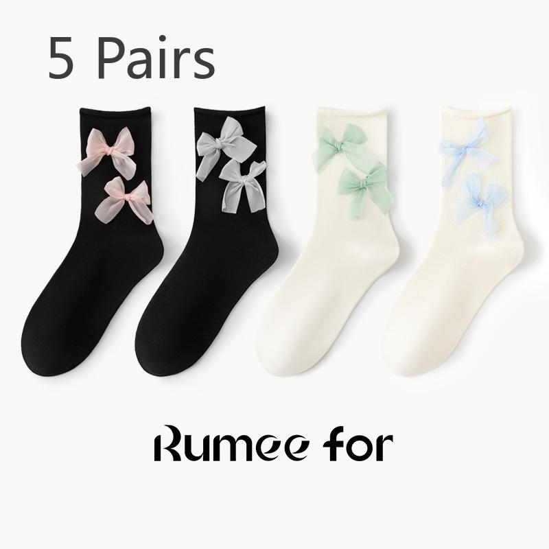 5 Pairs of New Female Spring and Summer Non Slip Lovely Bow In Tube Socks