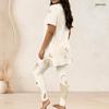 Women Plus Size Off White Printed Round Neck Short Sleeve Longline Top Fitted Pants Two Piece Set