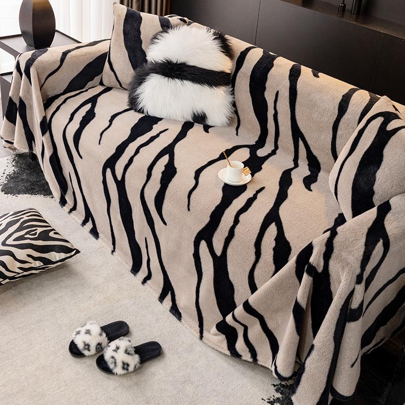 Zebra Print Rabbit Plush Sofa Towel Autumn and Winter All-inclusive Non-slip Living Room Cushion High-end Cover Cloth Thickened Winter Blanket