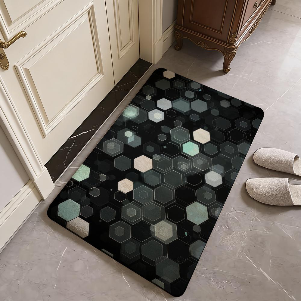 Abstract Hexagon Pattern Floor Mat Flannel Door Mat Non-Slip Absorbent Washable Indoor Home Rug