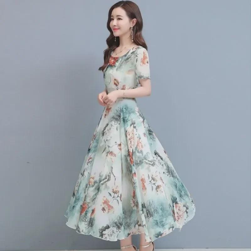 2023 Women's Elegant Floral Summer Dress - Slim, Short Sleeve, Long Beach Skirt