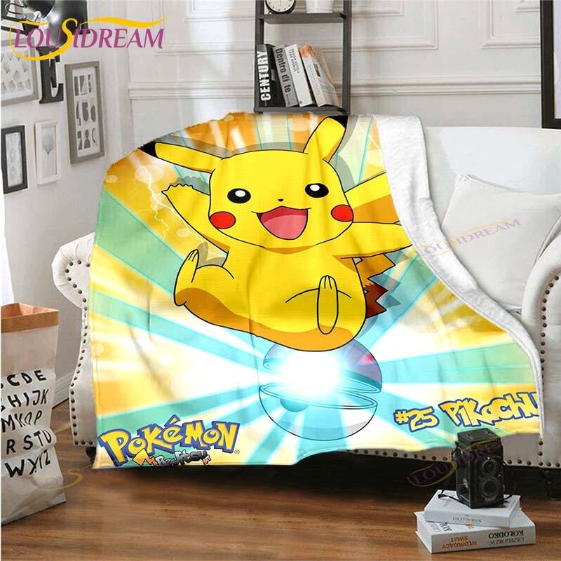 Cartoon Pokemon Printed Pikachu Fleece Plush Blanket Soft Warm Blanket for Adults and Children Bedroom Sofa Gift  Picnic Blanket