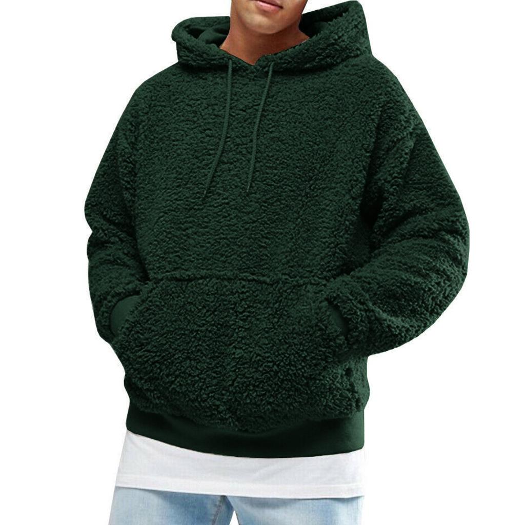 Autumn Winter Men's Sherpa Hoodie Fuzzy Pullover Winter Hoodie Polar Fleece Solid Color Hooded Long Sleeves Pullover Sweatshirt