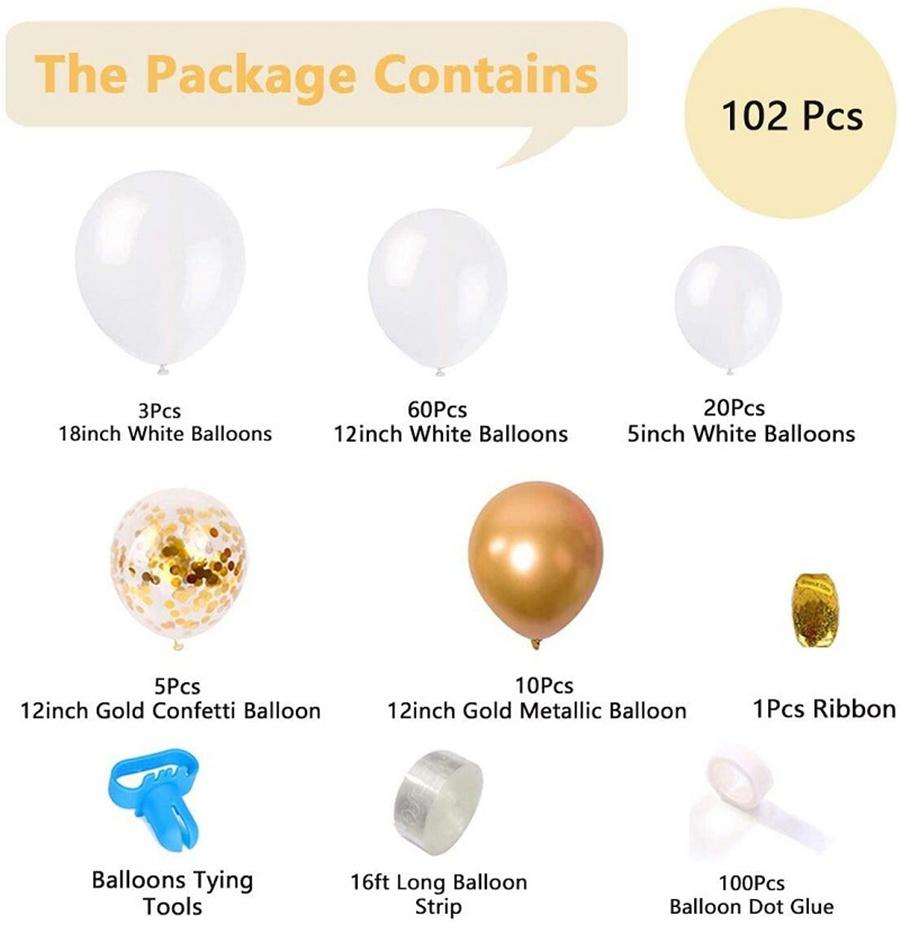 102x DIY Balloons Arch Kit White Gold Balloons Birthday Wedding Party Decoration