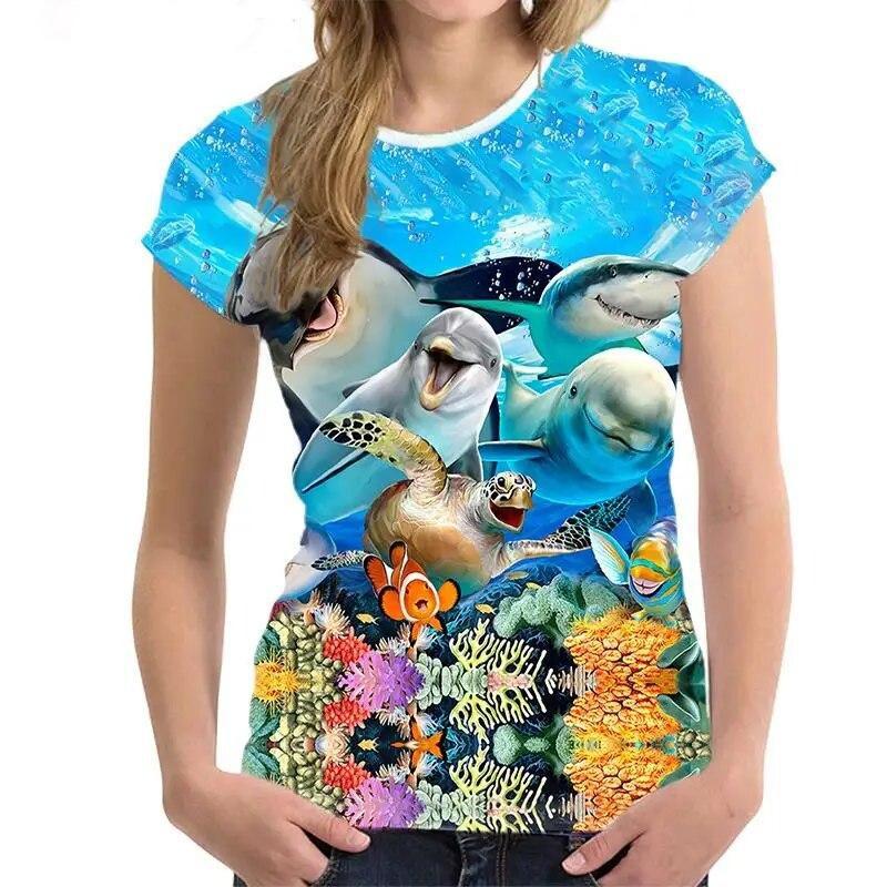 Women's T Shirt Dolphin Animal 3D Print Tee Summer Fashion Casual O-Neck Short Sleeve T-Shirts Y2k Tops Harajuku Female Clothing