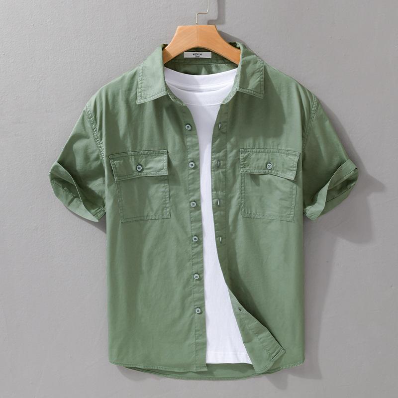Sommarskjortor för män Japansk stil Cargo-skjorta med kort ärm Dubbla fickor Arbetstoppar för män Ren bomull Casual-skjortor