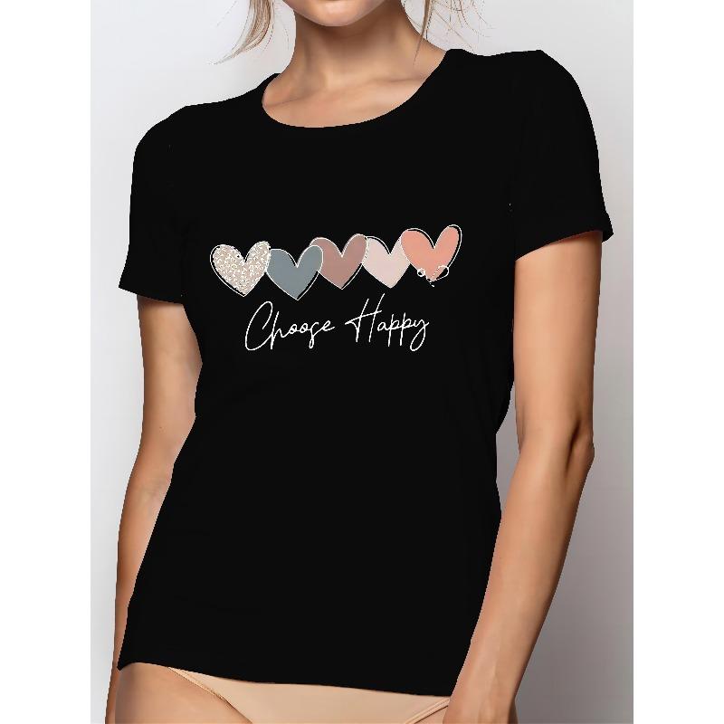 European Size Women'S Clothing Featuring a Cute Short Sleeve Crew Neck T-Shirt with a Heart & Happy Slogan Print