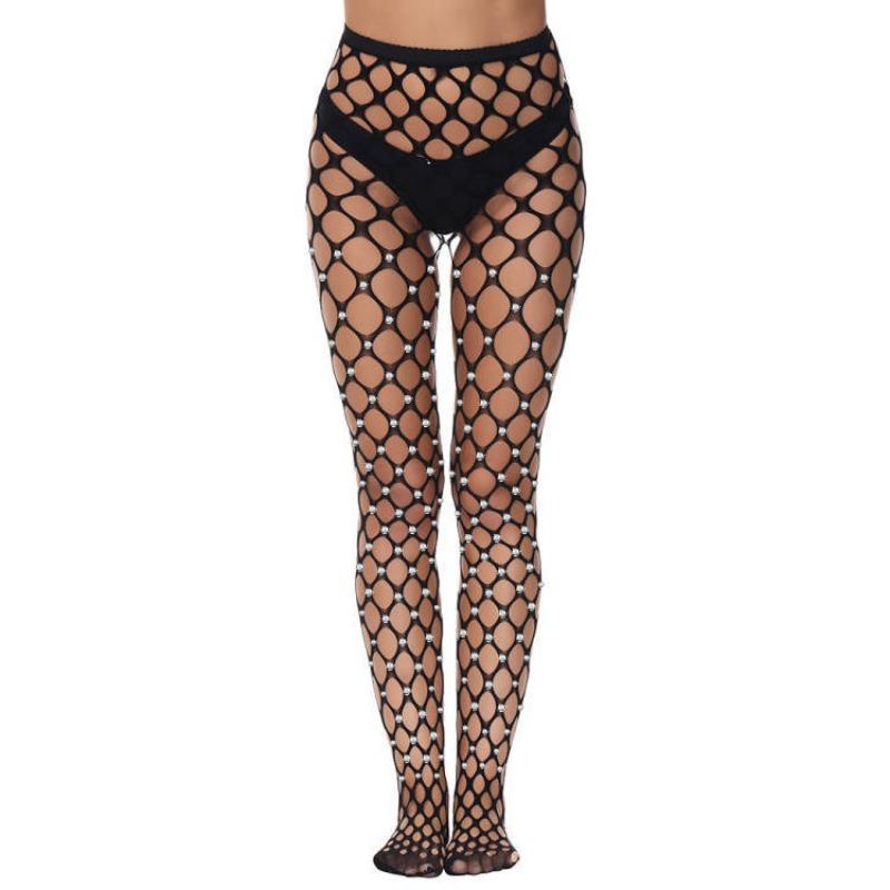 Plus Size Women Sexy Rhinestone Decorated Footed Fishnet Intimate Hosiery