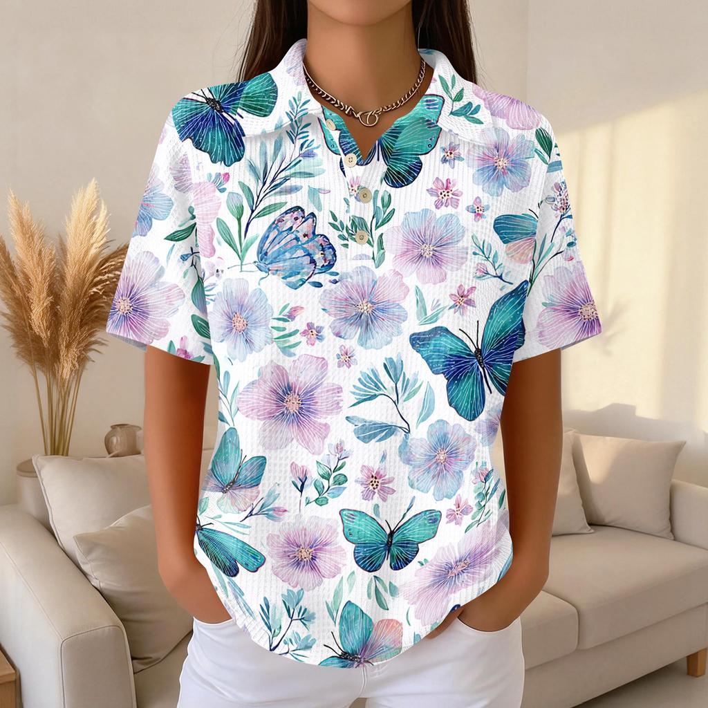 Women's Casual Short Sleeve Floral Print Waffle Knit Polo Shirt Relaxed Fit Button Down Collar Top for Everyday Wear