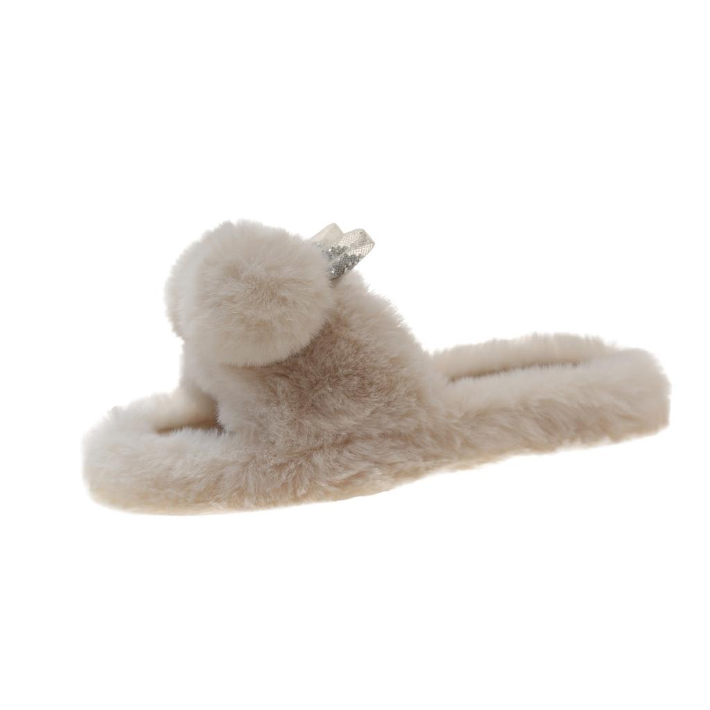 Rabbit ears fluffy slippers women wear ins tide 2025 autumn and winter new Internet celebrity thick bottom cotton mop home one-word mop