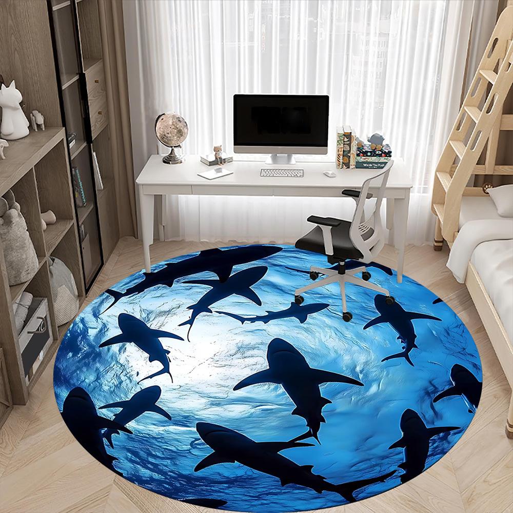 1PC Shark Swarm Office Round Area Rug, Mat Suitable For Office, Under Office Chairs Bedroom Living Room Home Decor, Room Deco