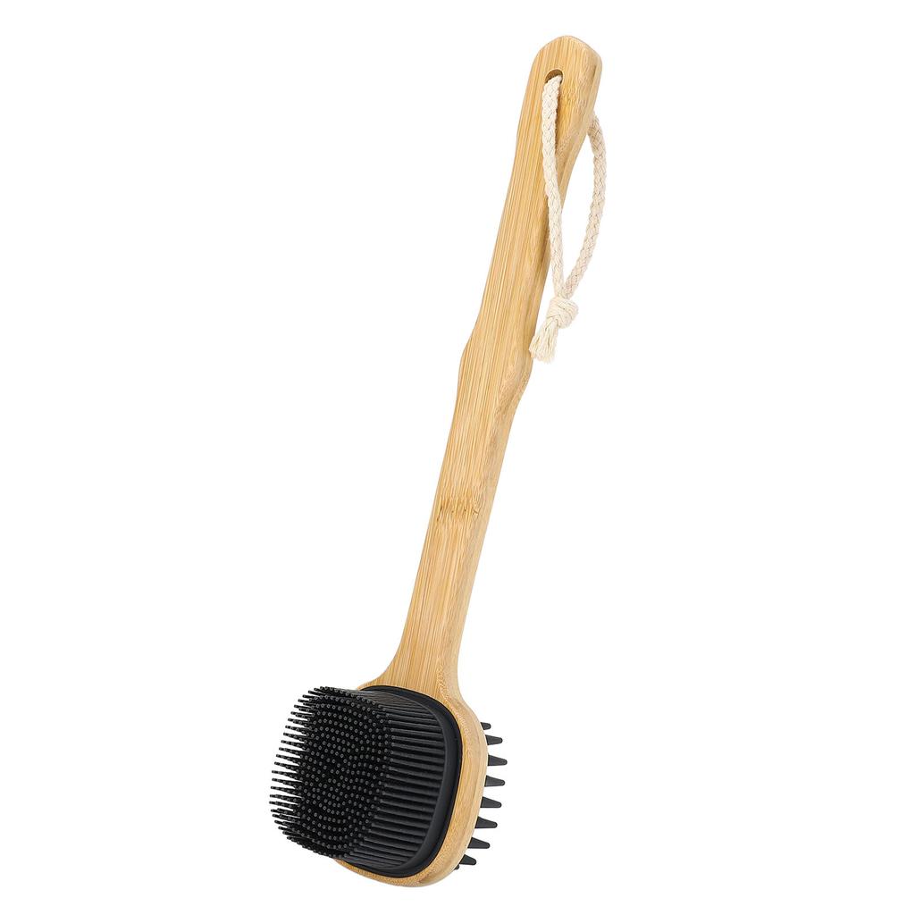 Bath Brush Double Sided Silicone Bristle Shower Brush Bamboo Wood Long Handle Back Scrubber Brush with Lanyard for Deep Cleaning Exfoliating