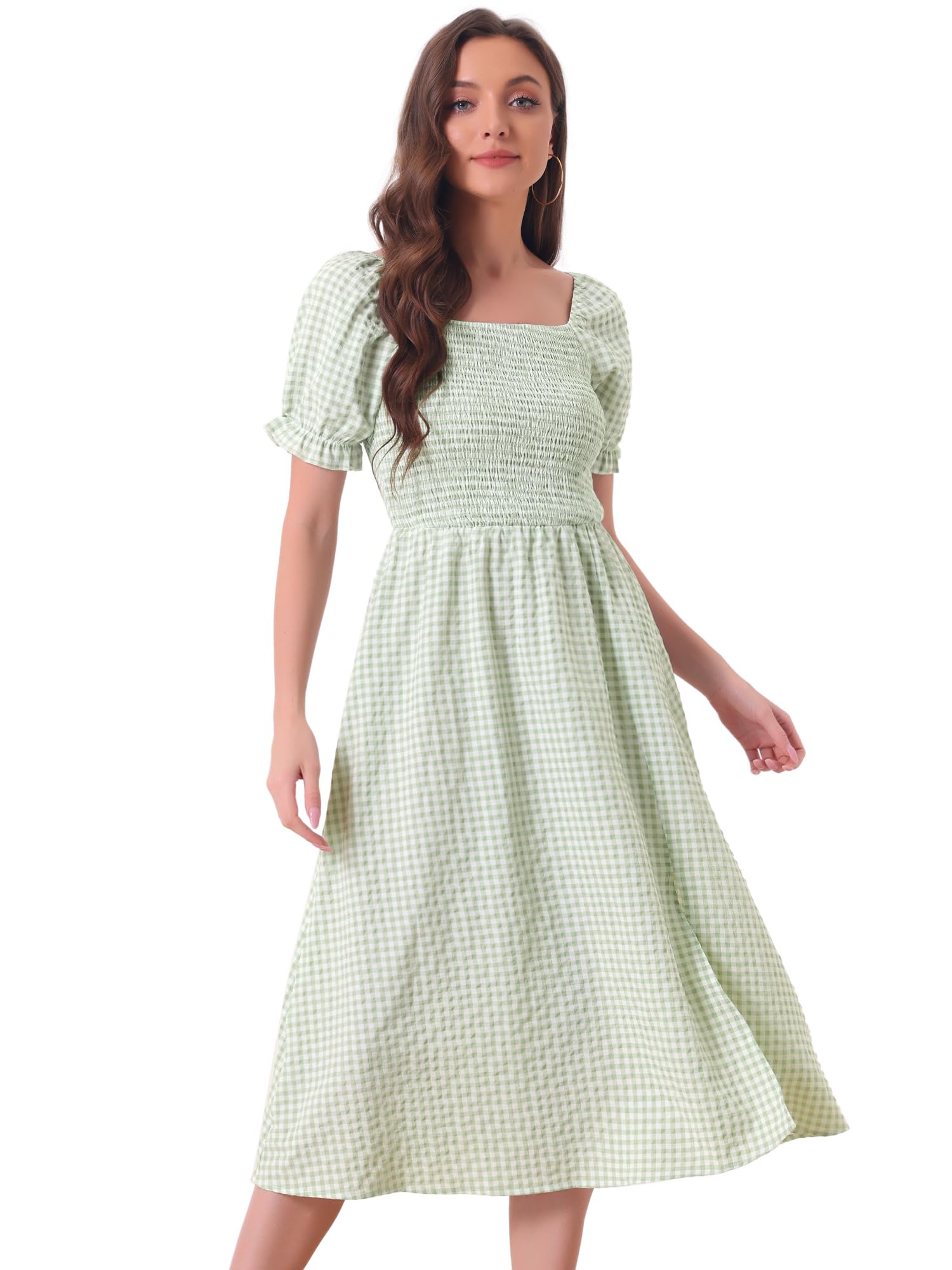 

Allegra K Women s Casual Gingham Dress with Smocking and Puff Sleeves, Light Green, Size XL