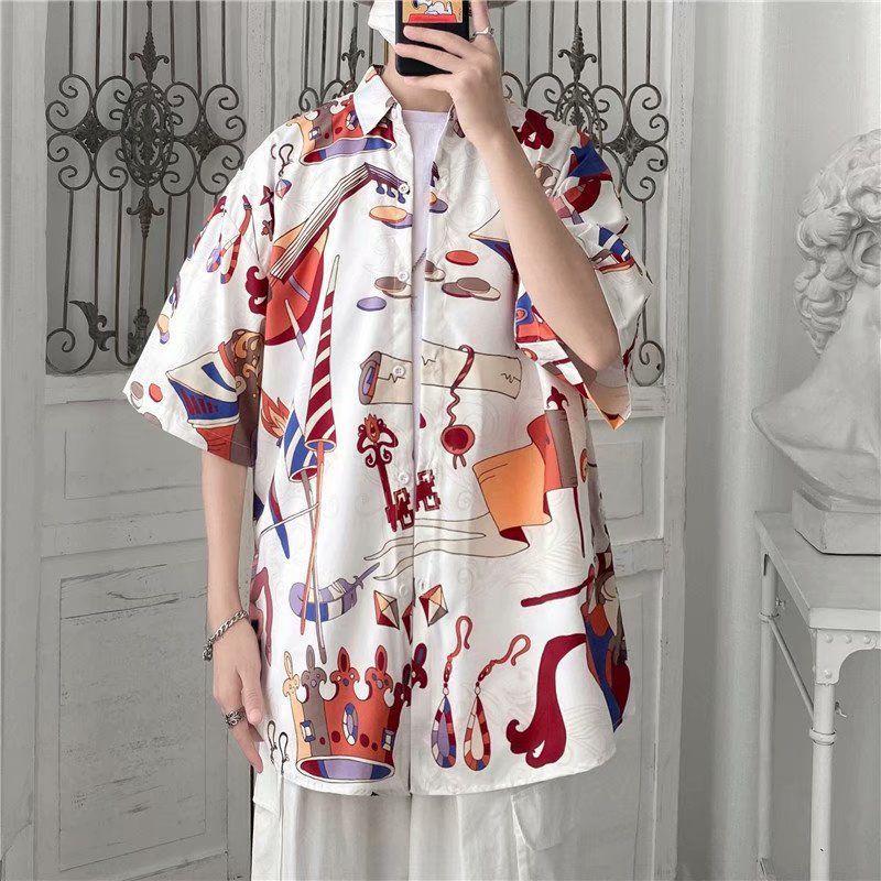 Men's Harajuku-Style Retro Floral Short-Sleeve Shirt: Hong Kong Ulzzang Beachwear with Sun Protection, Perfect for Couples.