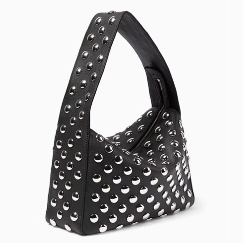 Vintage Black Rivet Shoulder Bag Retro Motorcycle Style Luxury Tote for Women Commuter Shopping Purse