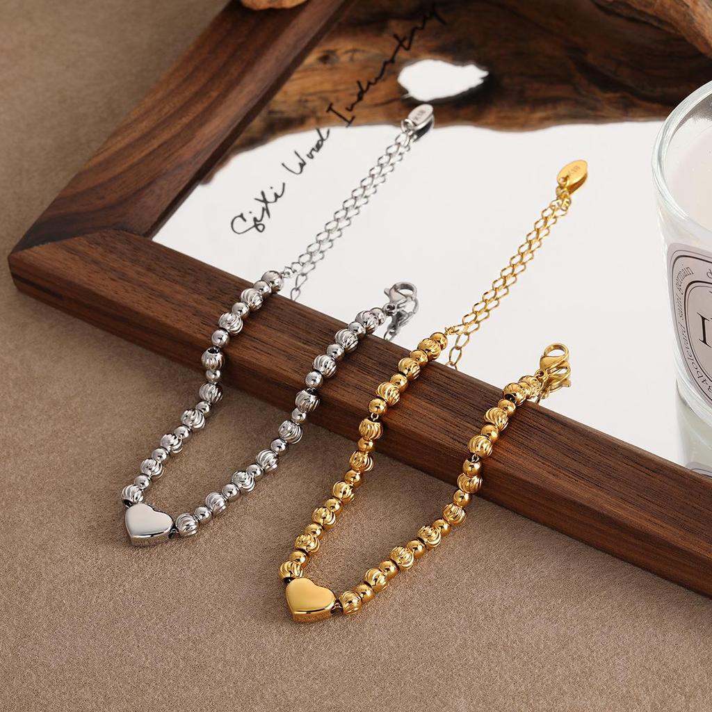 Elegant Heart & Round Bead Bracelet: European & American Style for Girls