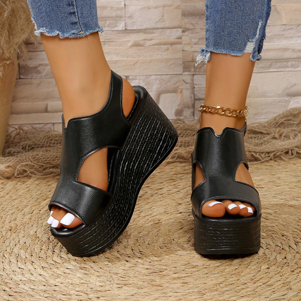 Open-toe Slope Sandals Leather Strap Roman Shoes 2026 Summer Fashion Lightweight Thick Sole Non-slip High Heels Women's Shoes