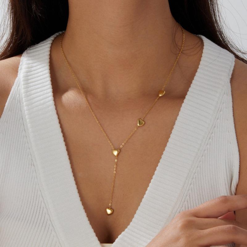 Gold Plated 3D Heart Y-Shaped Lariat Necklace, Stainless Steel Dainty Station Chain Choker, Waterproof Minimalist Jewelry for Women Gift