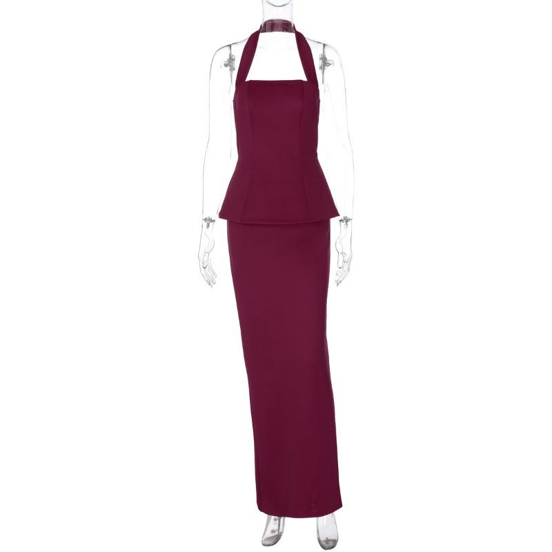 Solid Color Halter Backless Slim Fit Two Piece Tank Top Long Skirt Set For Women