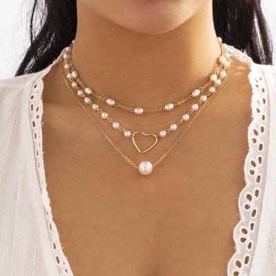 Versatile Geometric Round Bead Chain Stacked Necklace, Niche Imitation Pearl Hollow Love Necklace