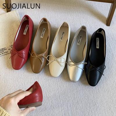Mode SUOJIALUN 2025 Printemps Nouveauté Chaussures Plates pour Femmes Mode Bout Rond Nœud Coulissant Ballerines pour Dames Talon Plat Souple Robe Bateau