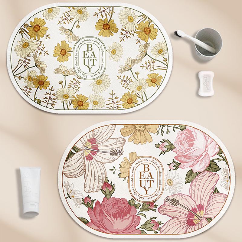 Fresh Floral Diatomaceous Earth Mat - Easy Clean Bathroom & Washbasin Floor Pad