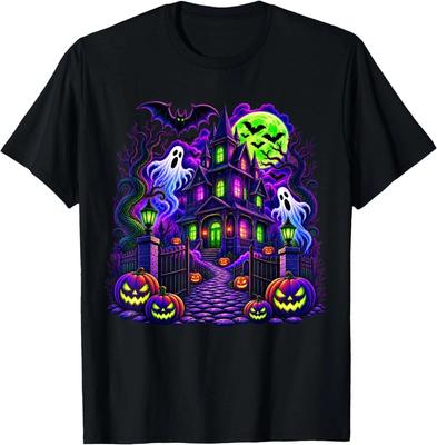 Haunted House Ghost Pumpkin Neon Halloween Horror T-Shirt