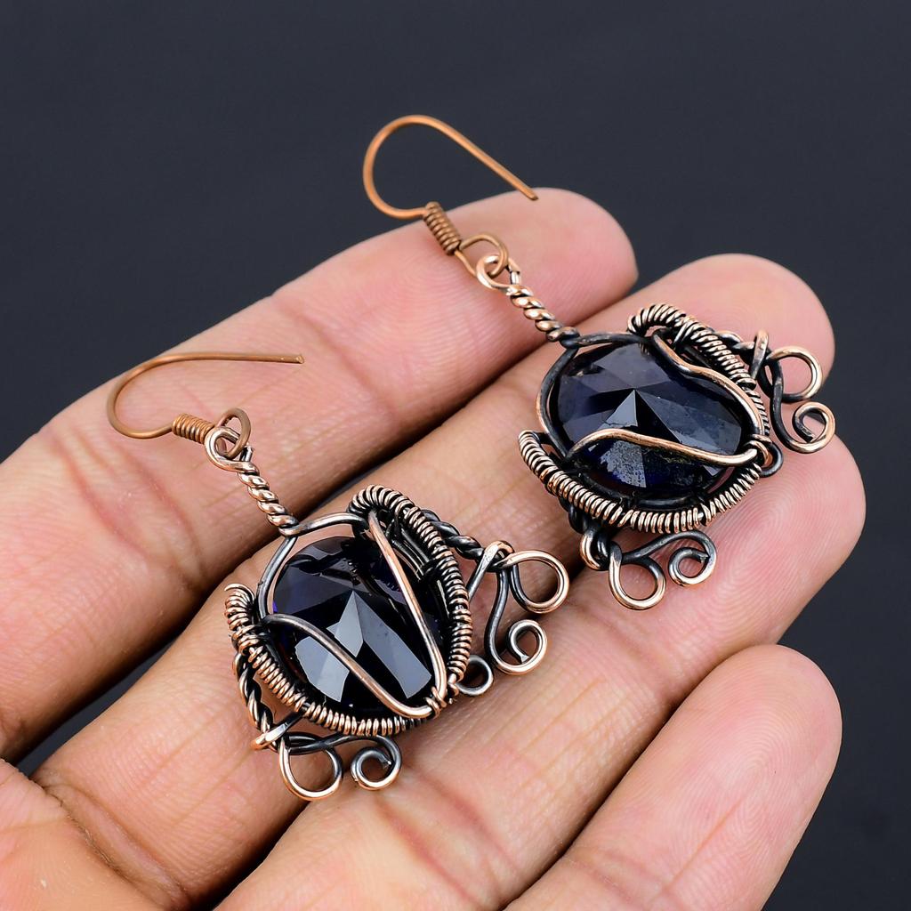 Blue Sapphire Earrings, Handmade Gemstone Earrings, 999 Copper Wire Wrapped  Earrings Antique Jewelry, For Engagement Gift