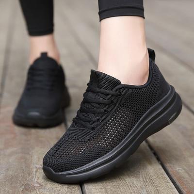 Summer Hollow Breathable Mesh Casual Sports Shoes Women's Soft Sole Light Running Net Shoes All Black Shoes