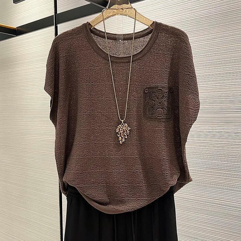 

T-shirt Women Versatile Summer Casual Large Size Loose Round Neck Pullover Short-sleeved Tops XXL кавовий