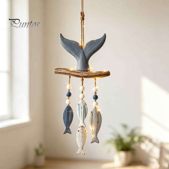 Decorazione da Appendere per Portico Costiero, Ornamento da Parete in Legno Illuminato, Cartello Nautico con Pesce, Conchiglia, Stella Marina e Ornamenti, Luci LED Calde, Casa al Mare per