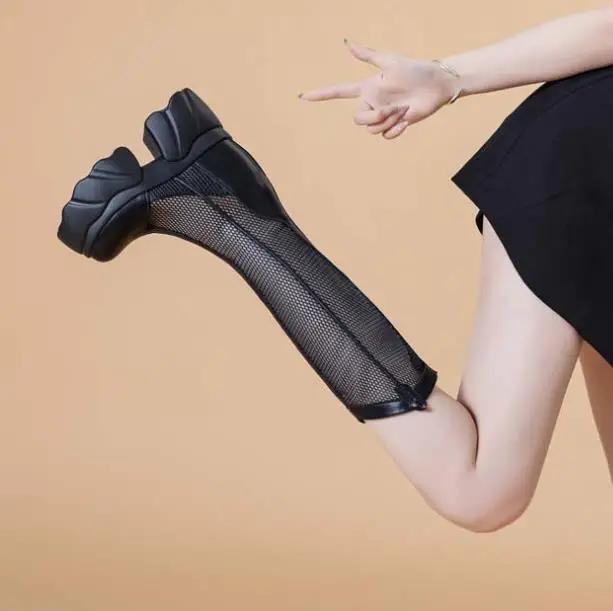 Fashion Hot Quality 11CM Air Mesh Ankle Boots Microfiber Leather Summer Fashion Shoes Knee High Boots Platform Wedge Flats Sandals Women