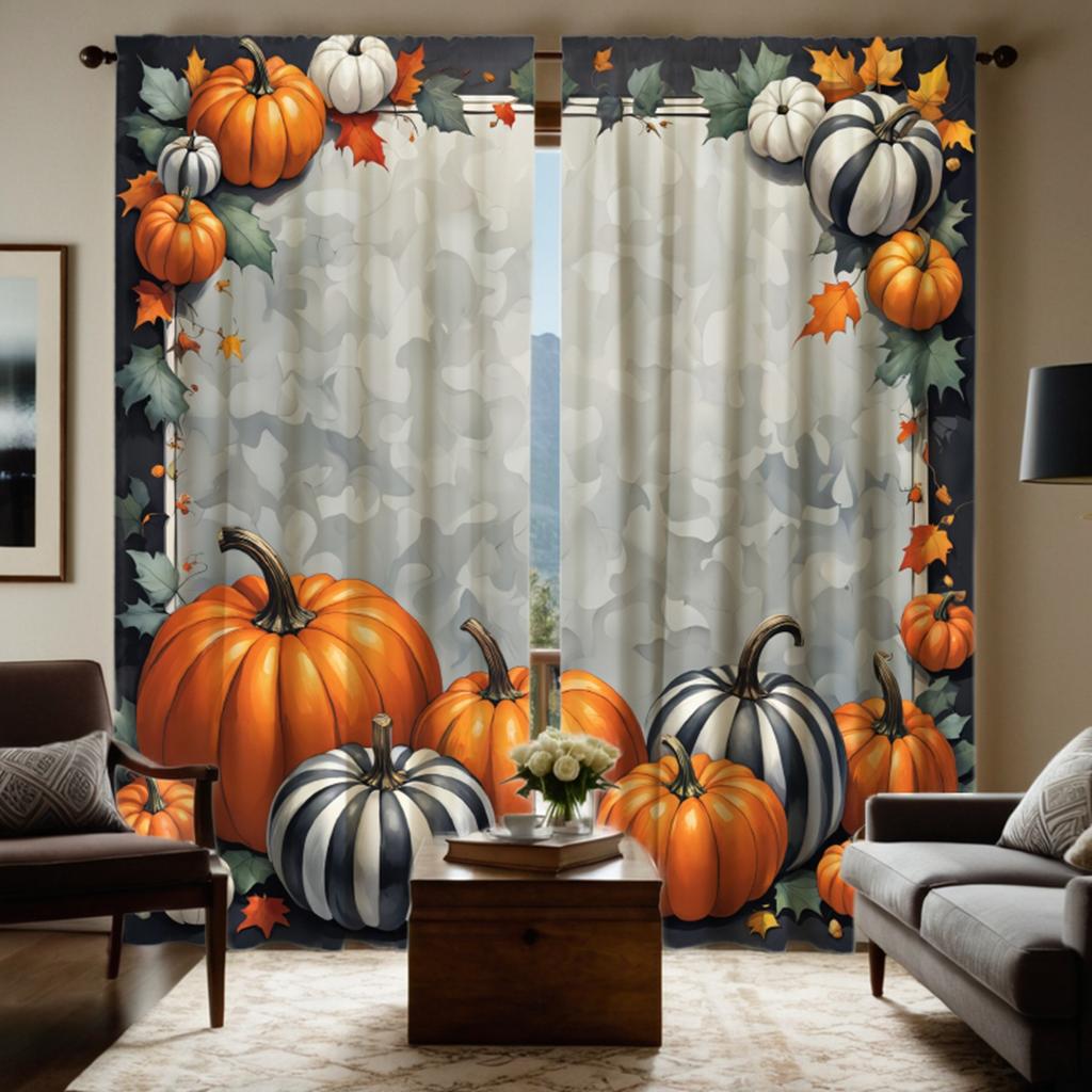 2PCS  HD Digital Curtain Printed Gray Tie Halloween Pumpkin Maple Leaf Home Decor Style Decorate Living Room Bedroom Wear Rod