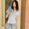 Women's Cotton T Shirt Summer V-Neck Slim Casual T-Shirts for Women Harajuku Short Sleeve Letter Embroidery Pullover Y2k Tops Female