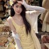 Yellow floral suspender dress women's summer sleeveless vest skirt French sweet wind waist long dress a word skirt