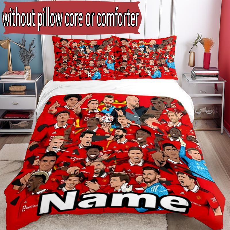 3pcs Duvet Cover Set (1*Duvet Cover + 2*Pillowcase, Without Core), Custom Name Manchester Football F.C Pattern Bedding Set, Home Bedroom Decor Gift