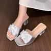 Fashion Block Heel One-Line Slippers Spring and Summer New Outside Wear Square Toe Open Toe Rhinestone Flower Temperament Cool Mopping
