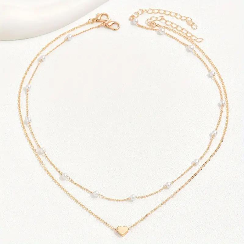 Retro Double-Layer Heart Pendant Necklace with Imitation Pearl