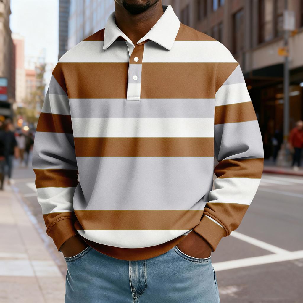 Men's Casual Loose Colorblock Print Lapel Button Long Sleeve Top