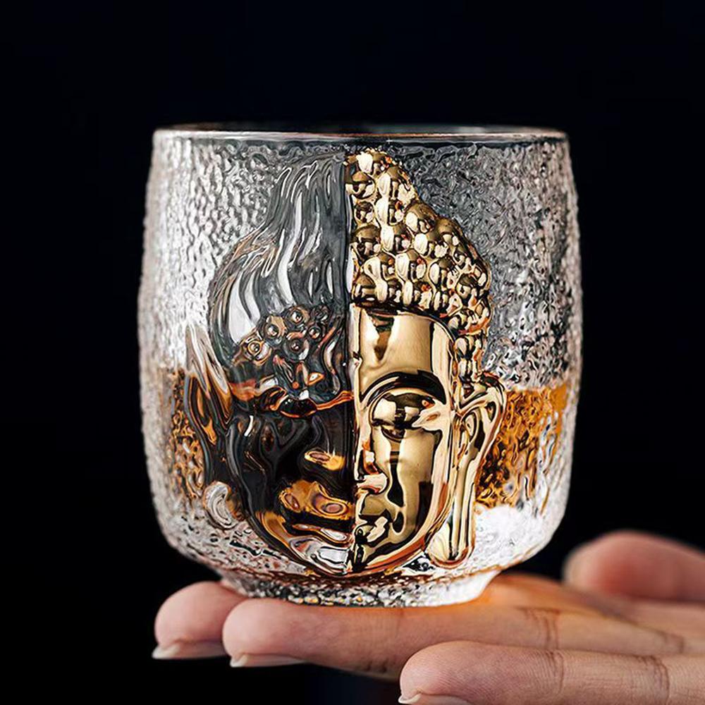 2pcs, Zen inspired glass teacup,Buddha head crystal glass master cup, Bar relief wineglass, Kung Fu tea set for home, 100ml