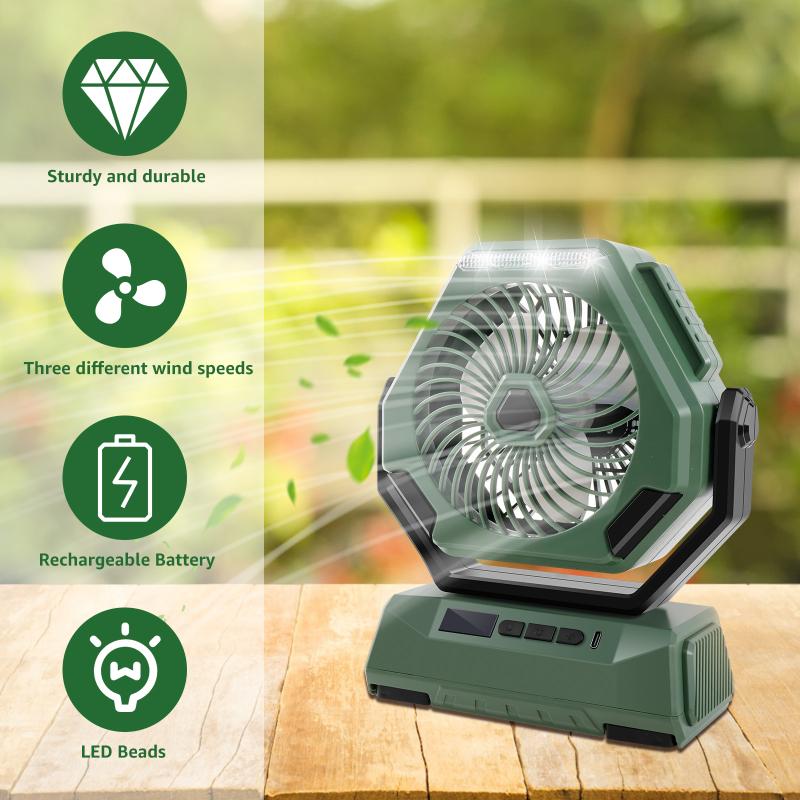 270° Kopfrotation Campingventilator mit LED-Licht und Haken 6000mAh USB-Akku-Betriebener Ventilator für Outdoor-Reisen Camping Angeln Neu
