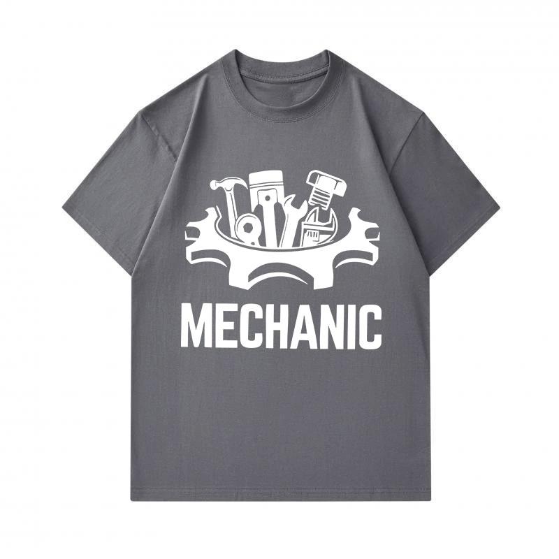 100% Cotton Men's Crew Neck Short Sleeve T-Shirt, Mechanic Tools Gear Graphic Casual Daily Wear Comfortable Soft Breathable Tee for Auto Repair Worker