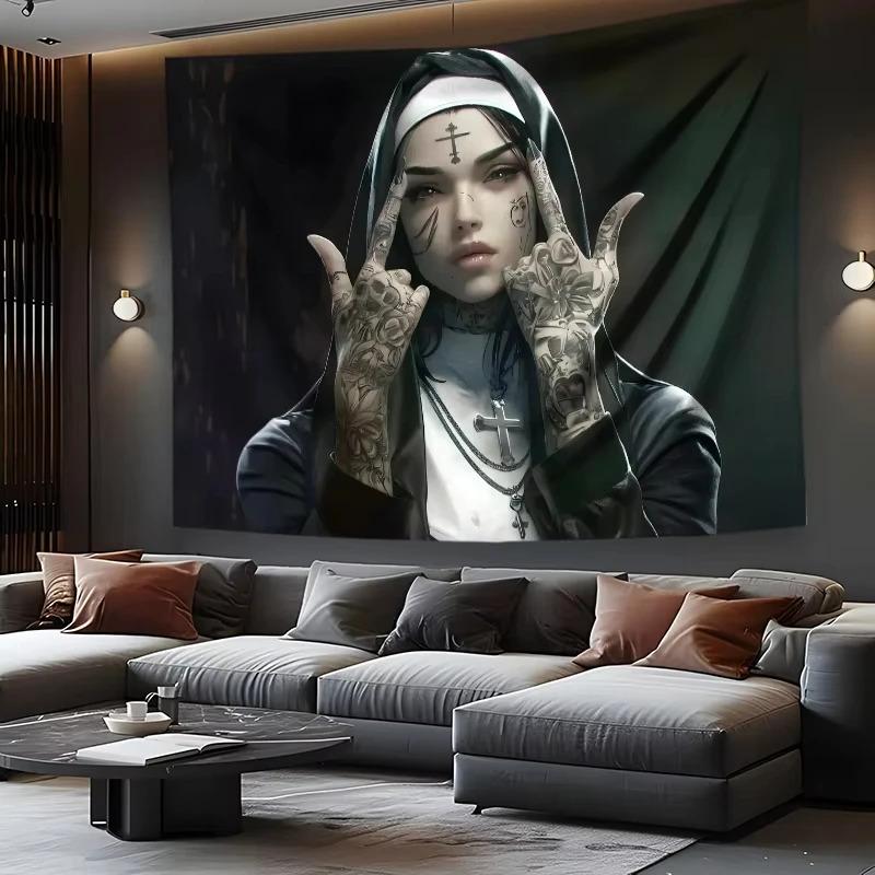 VIKAMA Dark Tattoo Nun Tapestry Rock Gesture Text Frame Elements Gothic Theme Decorative Tapestry For Living Room Feature Wall