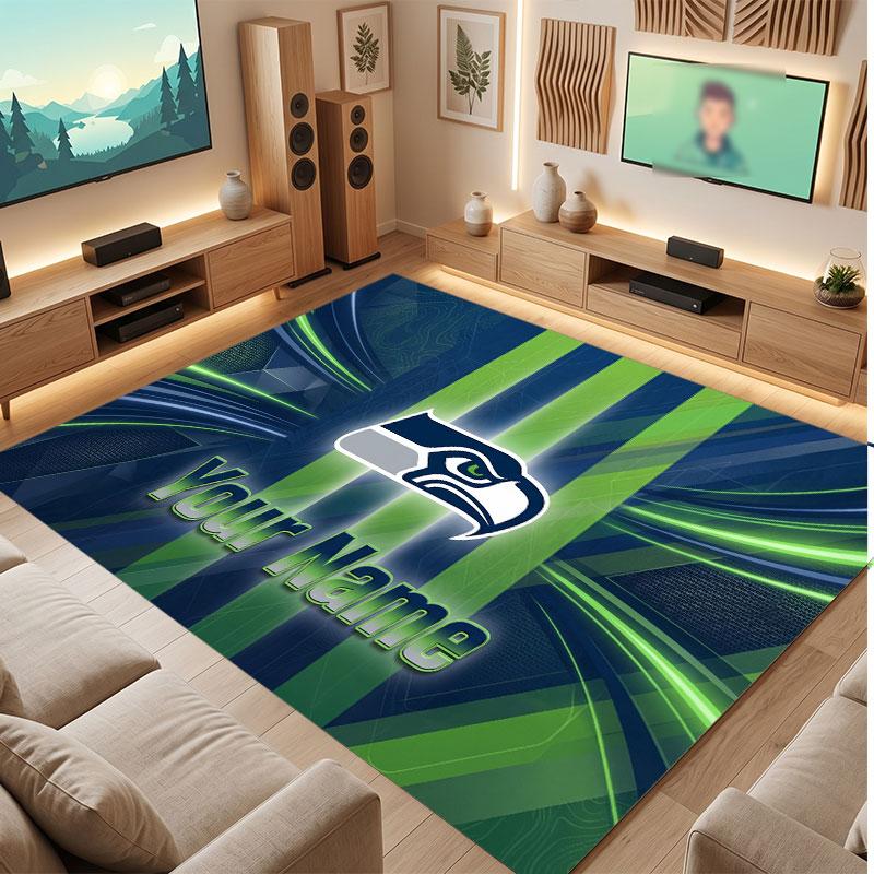 Seattle Seahawks Personalized Crystal Velvet Carpet, Customized Name Text Soft Anti‑Slip Rug for Living Room Bedroom