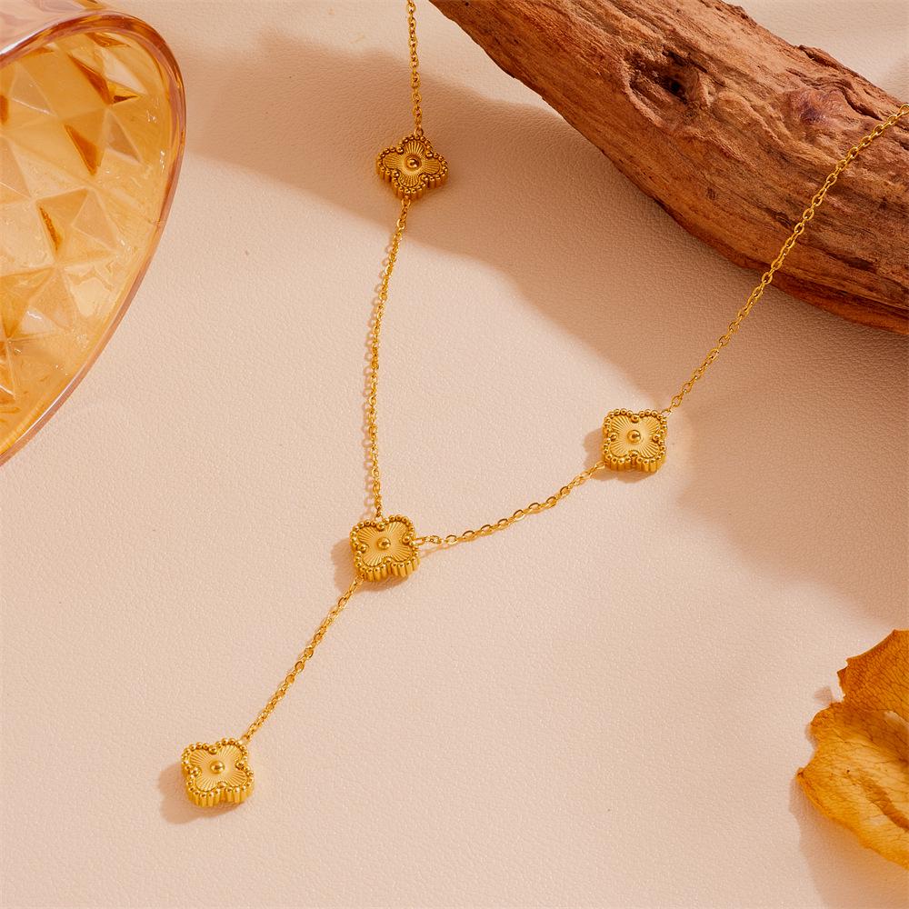 Stainless Steel Four-Leaf Clover & Heart Tassel Necklace