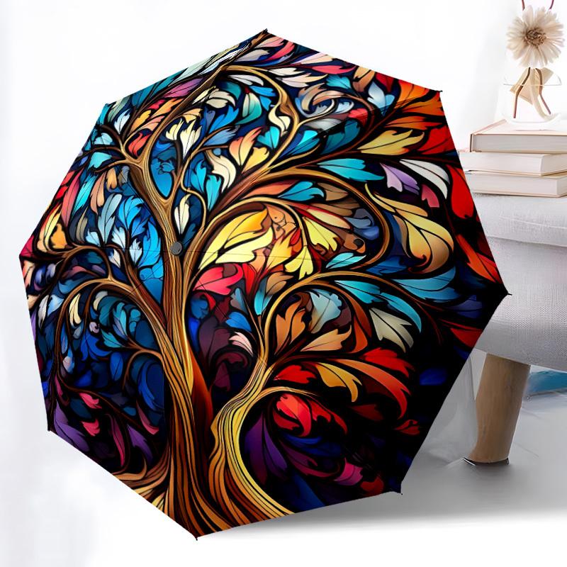 1pc Tree Life Automatic Folding Umbrella, Lightweight Retractable Compact Travel Umbrella, 8-Rib Sturdy Frame041