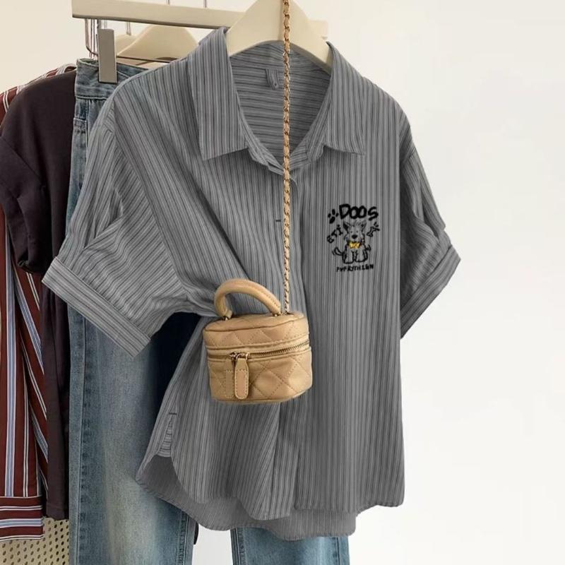 Ladies Dog Embroidered Solid Color Striped Shirts French Leisure Lapel Women's Short Sleeved Blouses Summer Casual Single Breasted Female Top