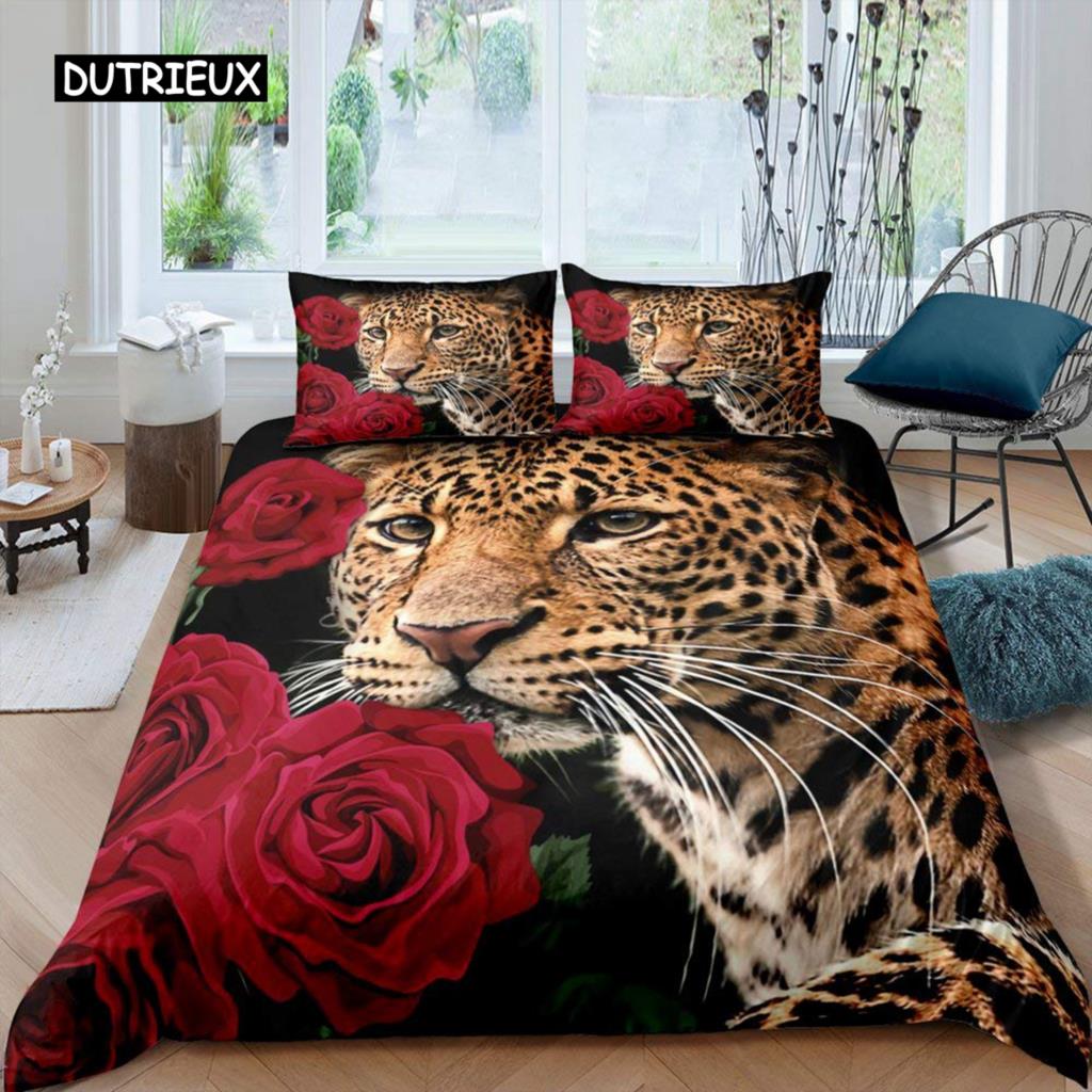 Leopard Comforter Cover King Queen Full Cheetah Bedding Set African Savanna Animal Duvet Cover Rose Flower Polyester Quilt Cover