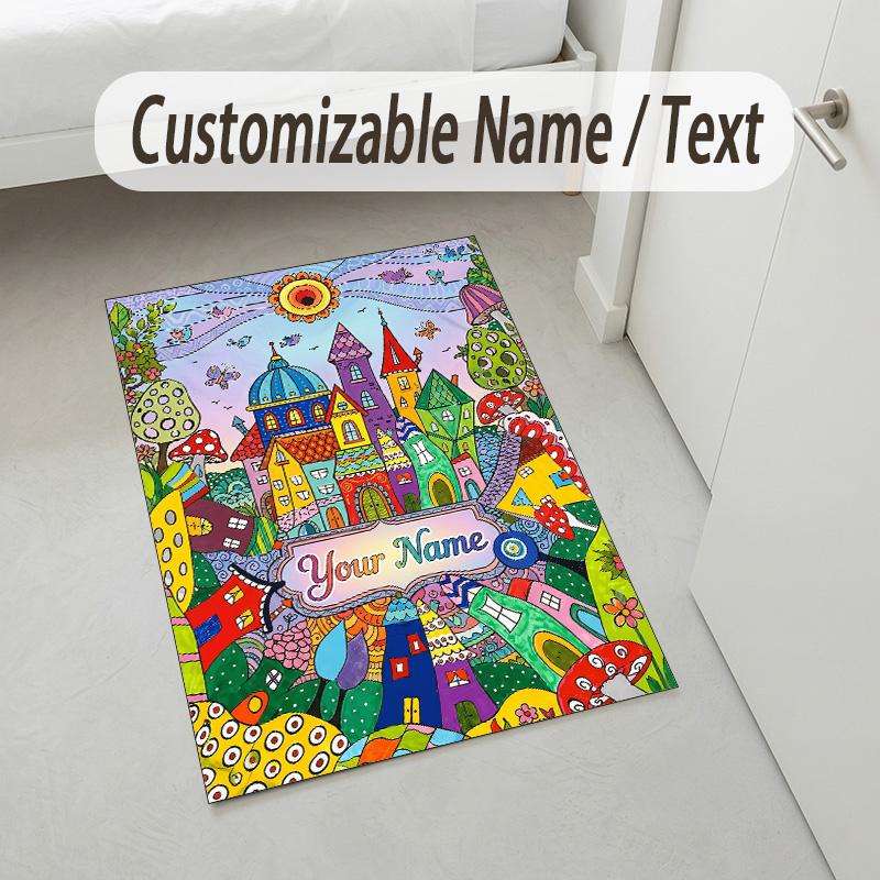 Fantasy Castle Theme Soft Crystal Velvet Rug Custom Name & Text Print Non Slip Floor Rug for Bedroom Living Room